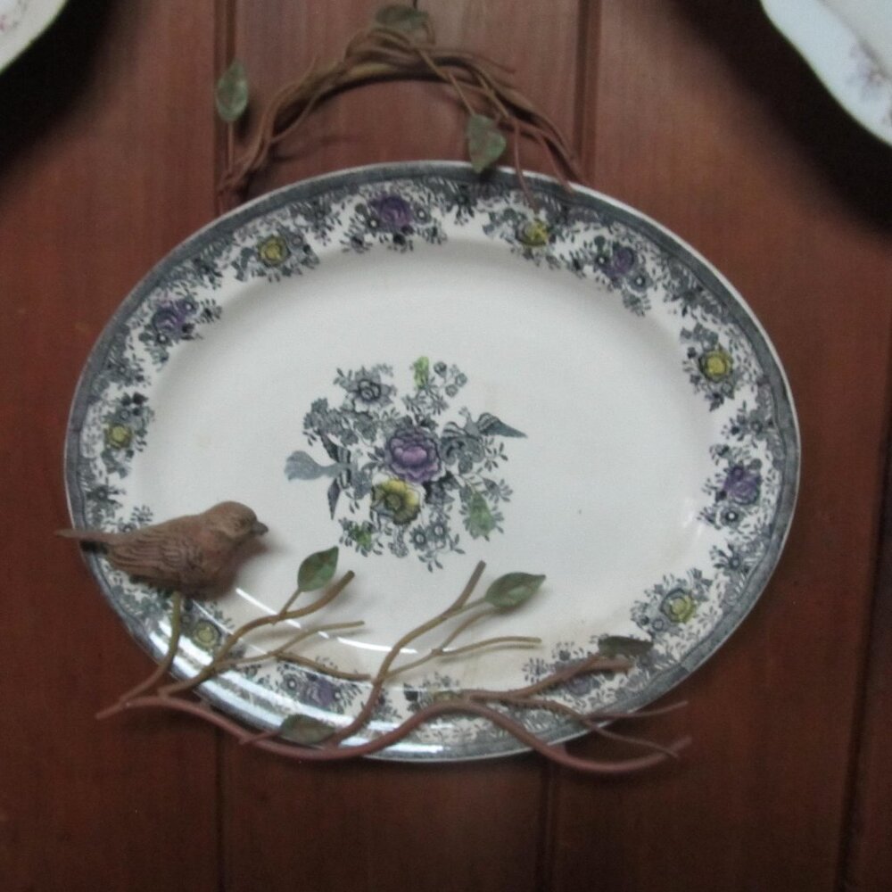 2 Asiatic Pheasant Black Pr Matching Platters Norsk Egersund Flint Purple Floral